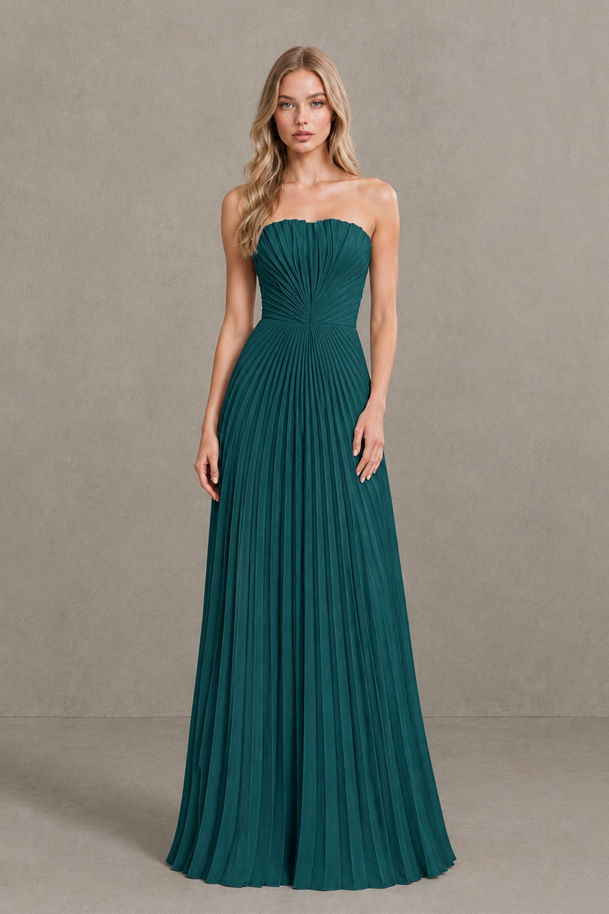 BOLODOO Peacock Strapless Sunburst Pleated Twisted Knot Lace-Up Back Accordion Pleated Chiffon Maxi Dress - Peacock