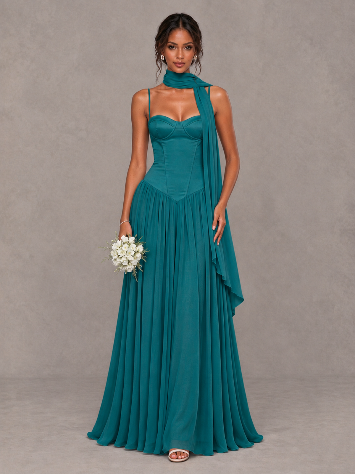 BOLODOO Peacock Corset Bridesmaid Dress with Scarf - Peacock - Peacock (1)