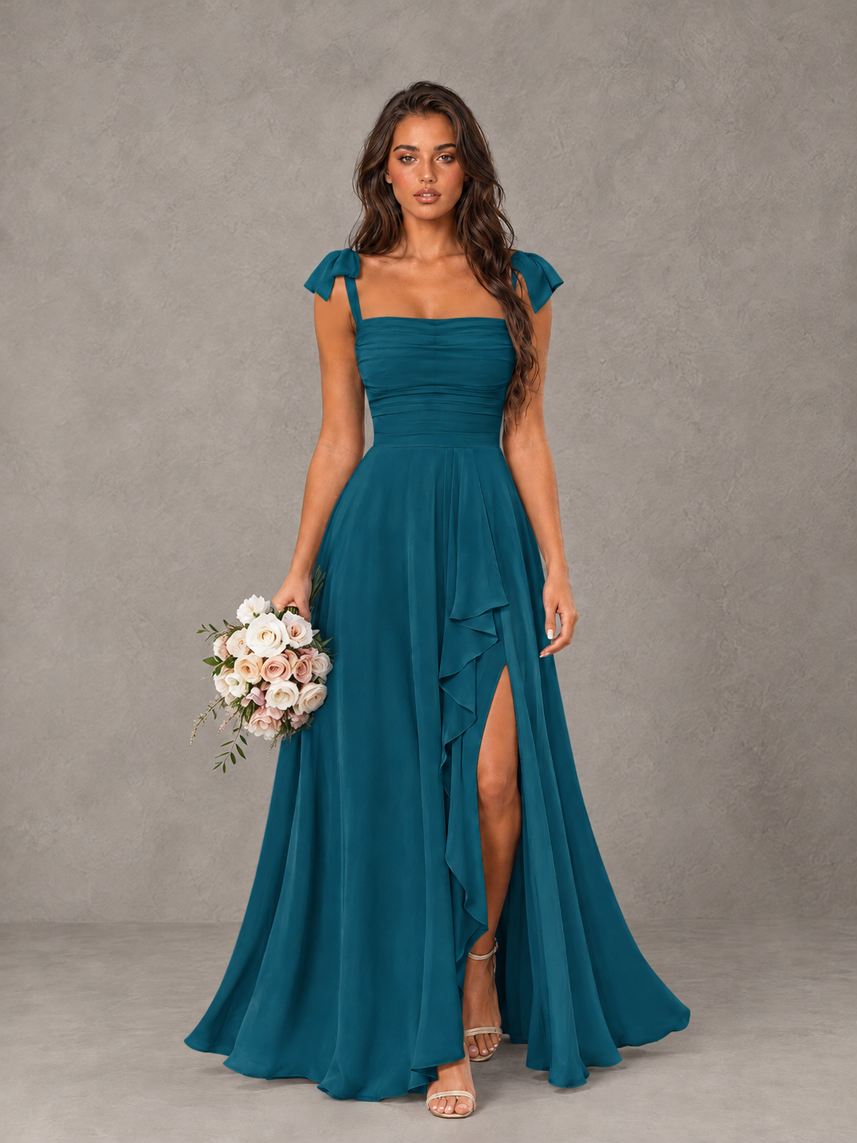 BOLODOO Peacock Bow-Strap Bridesmaid Dress with Ruffle Slit - Peacock - Peacock (1)