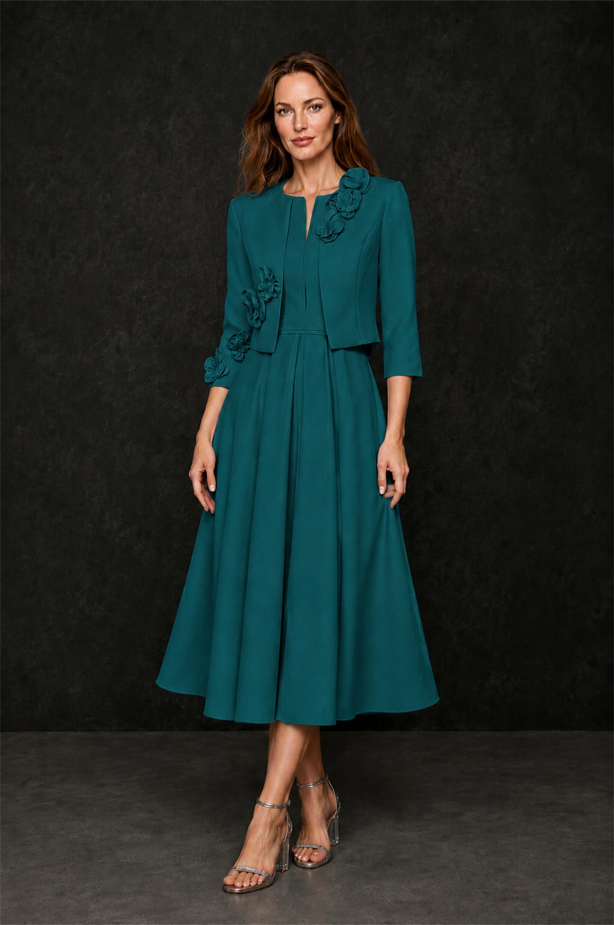 BOLODOO Peacock 3D Rosette Appliqué 3/4 Sleeve Jacket & V-Notch Sleeveless A-Line Tea-Length Two-Piece Dress Set - Peacock
