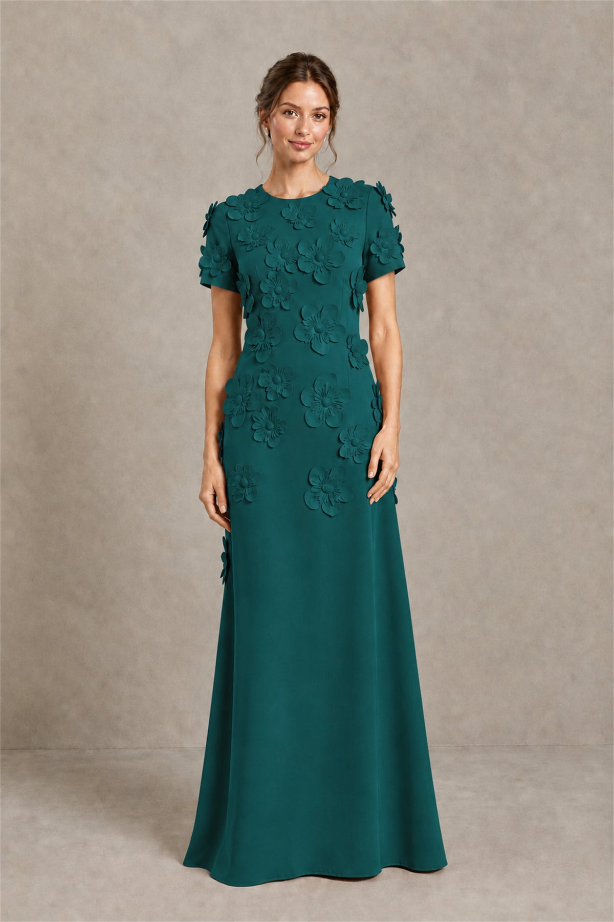 BOLODOO Peacock Textured Floral Maxi Dress with Short Sleeves - Peacock