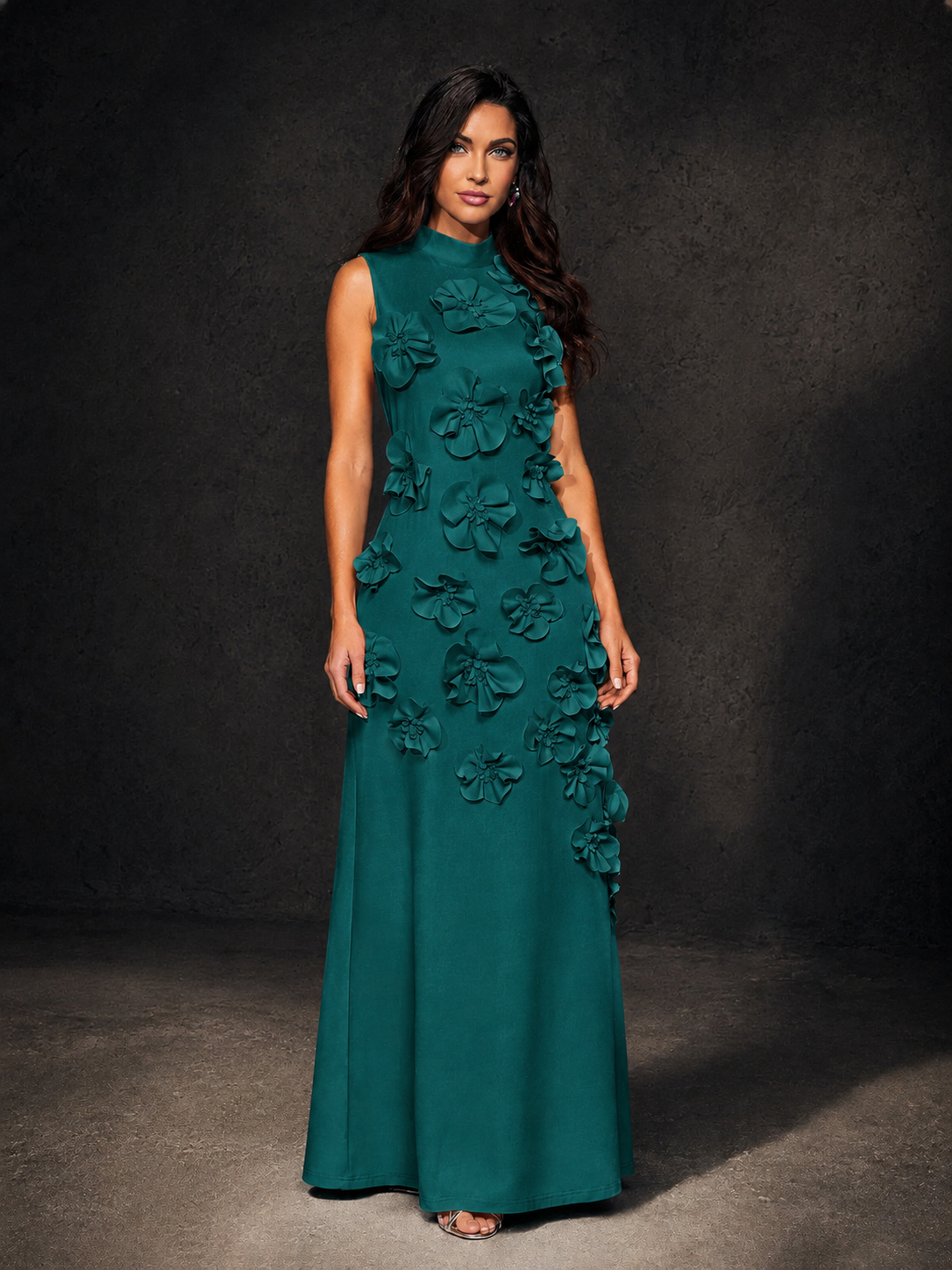 BOLODOO Peacock Mock Neck Sleeveless 3D Floral Appliqué Maxi Dress with Bow Back - Peacock