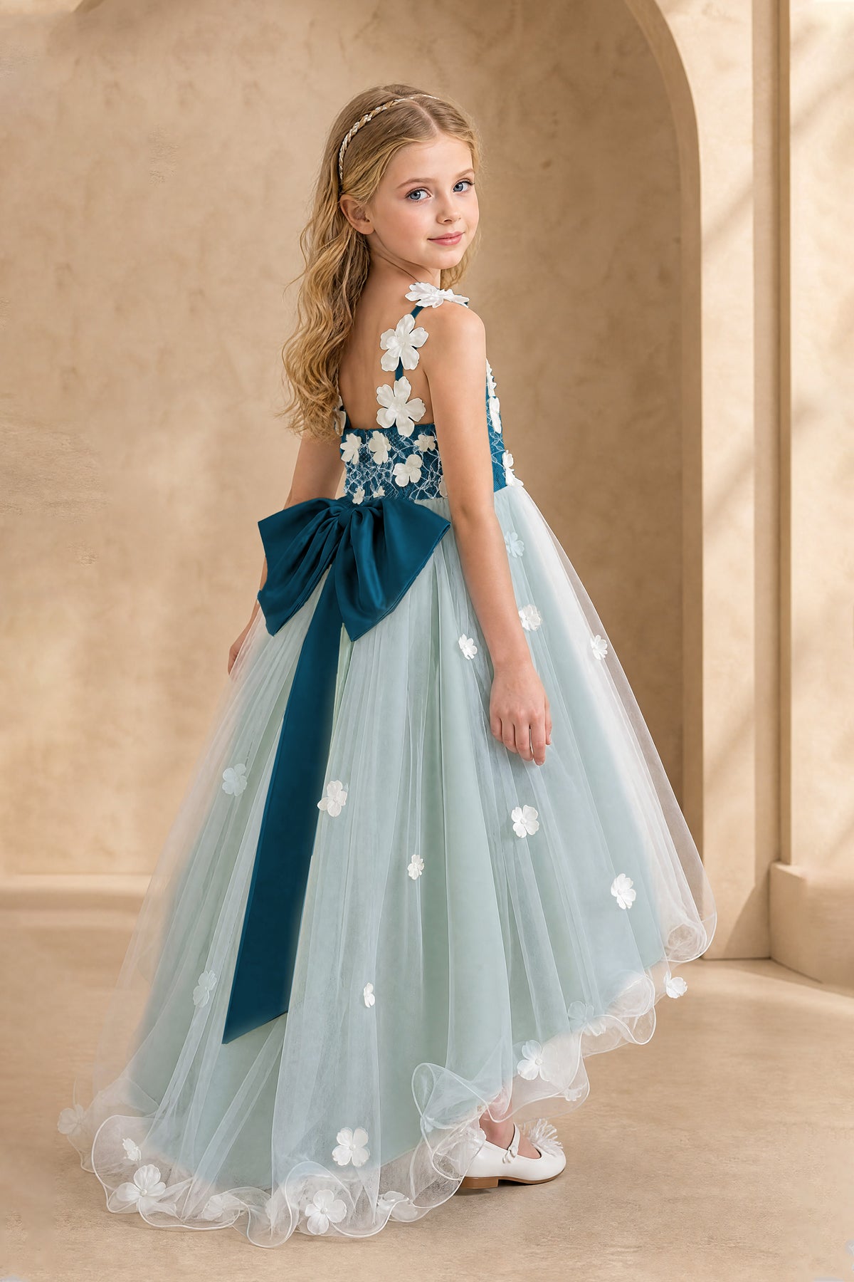 BOLODOO Peacock Flower Girl Dress with Floral Appliqué and High-Low Tulle Skirt - Peacock