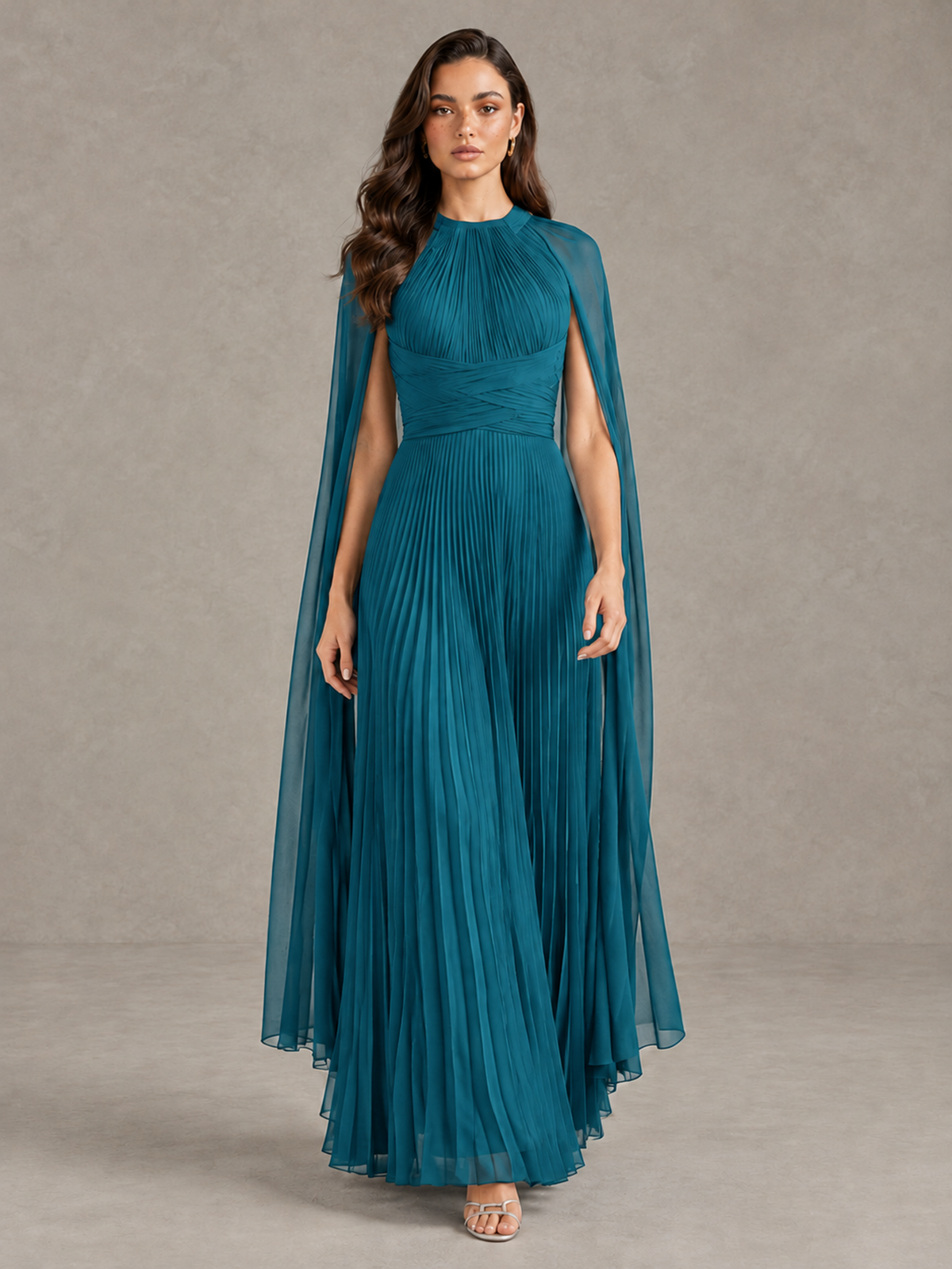 BOLODOO Peacock Pleated Cape Maxi Wedding Guest Dress - Peacock - Peacock (1)