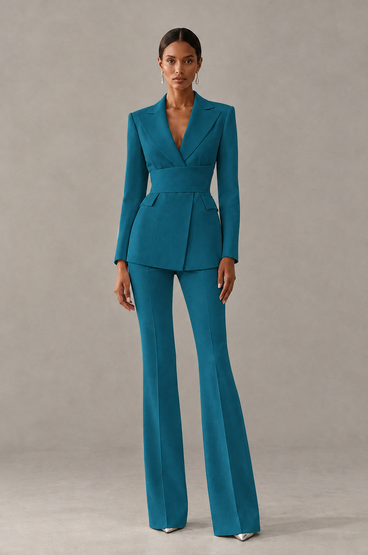 BOLODOO Peacock Two-Piece Pantsuit with Tailored Blazer & Flared Pants - Peacock - Peacock (1)