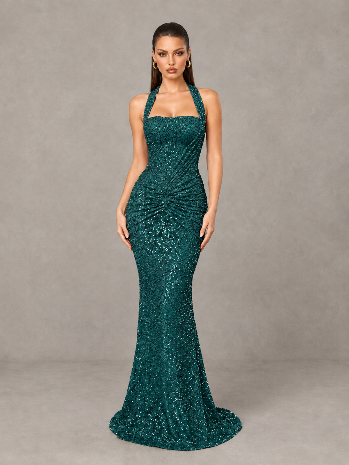 BOLODOO Peacock Sequin Halter Mermaid Evening Gown - Peacock - Peacock (1)