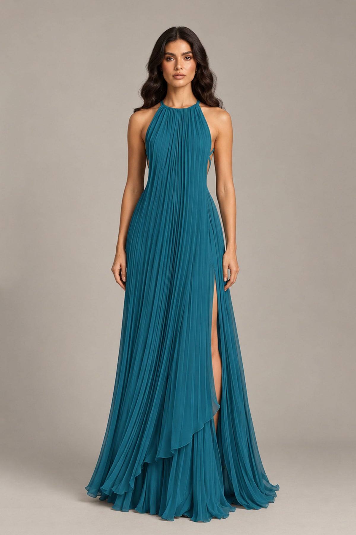 BOLODOO Peacock Halter Neck Pleated Chiffon Maxi Dress with Side Slit - Peacock