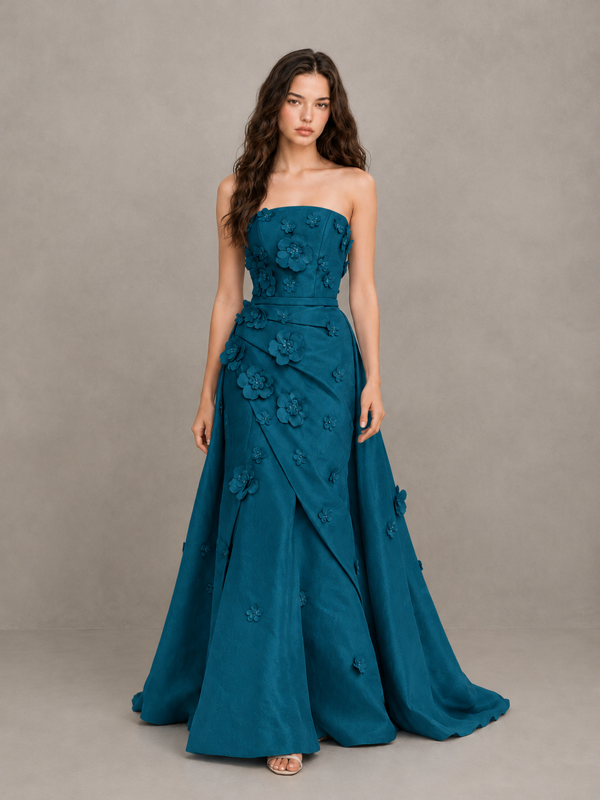 BOLODOO Peacock Strapless 3D Floral Applique Prom Gown with Draped Skirt - Peacock - Peacock (1)