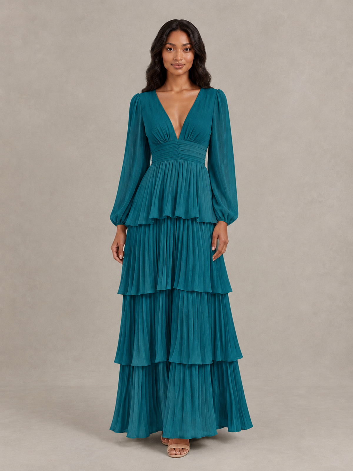 BOLODOO Peacock Long-Sleeve Tiered Maxi Dress with Deep V-Neck - Peacock