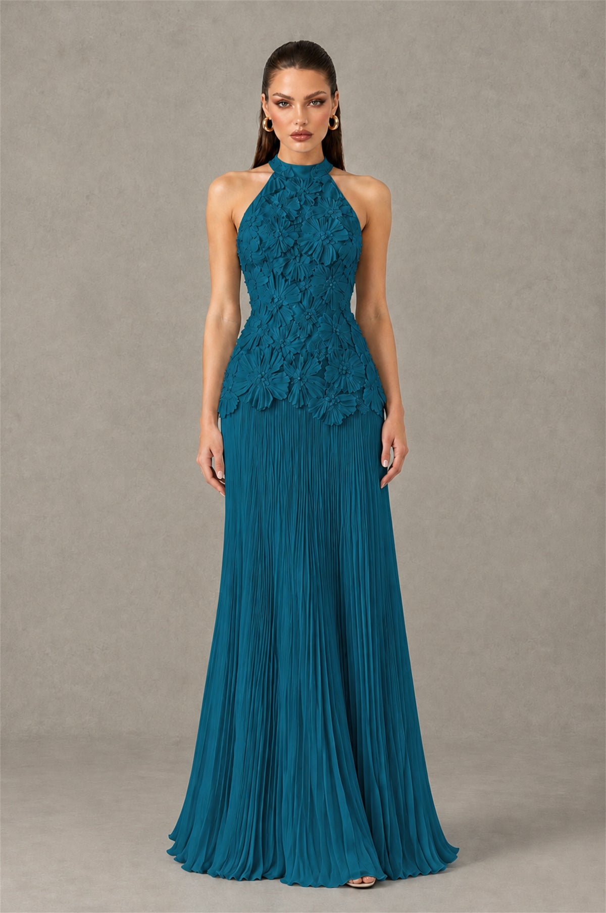 BOLODOO Peacock 3D Floral Applique Halter Neck Open Back Pleated Maxi Dress - Peacock