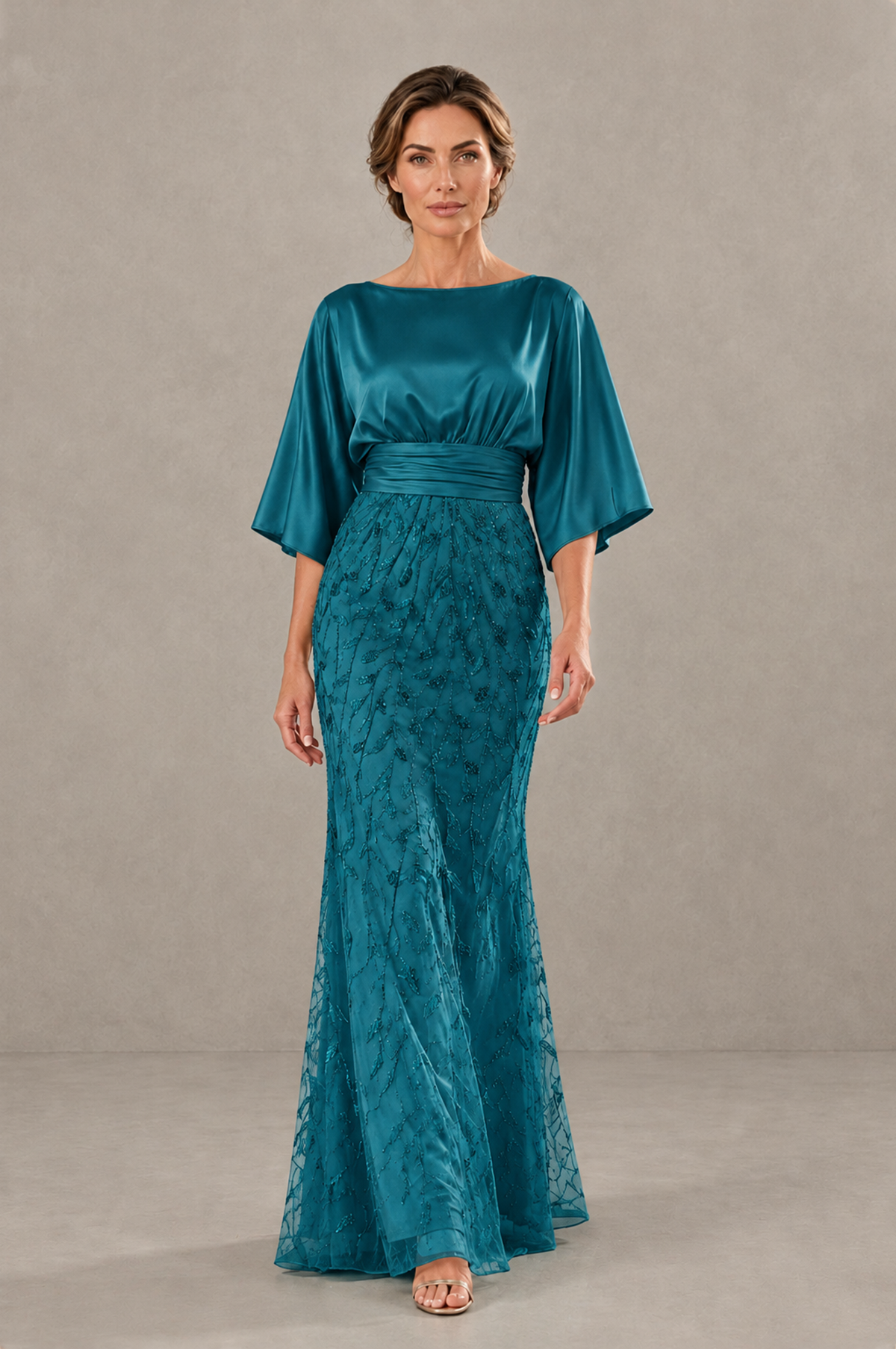 BOLODOO Peacock Mother of the Bride Dress with Kimono Sleeves, Satin Bodice & Sequin Embroidered Mermaid Floor-Length Gown - Peacock - Peacock (1)