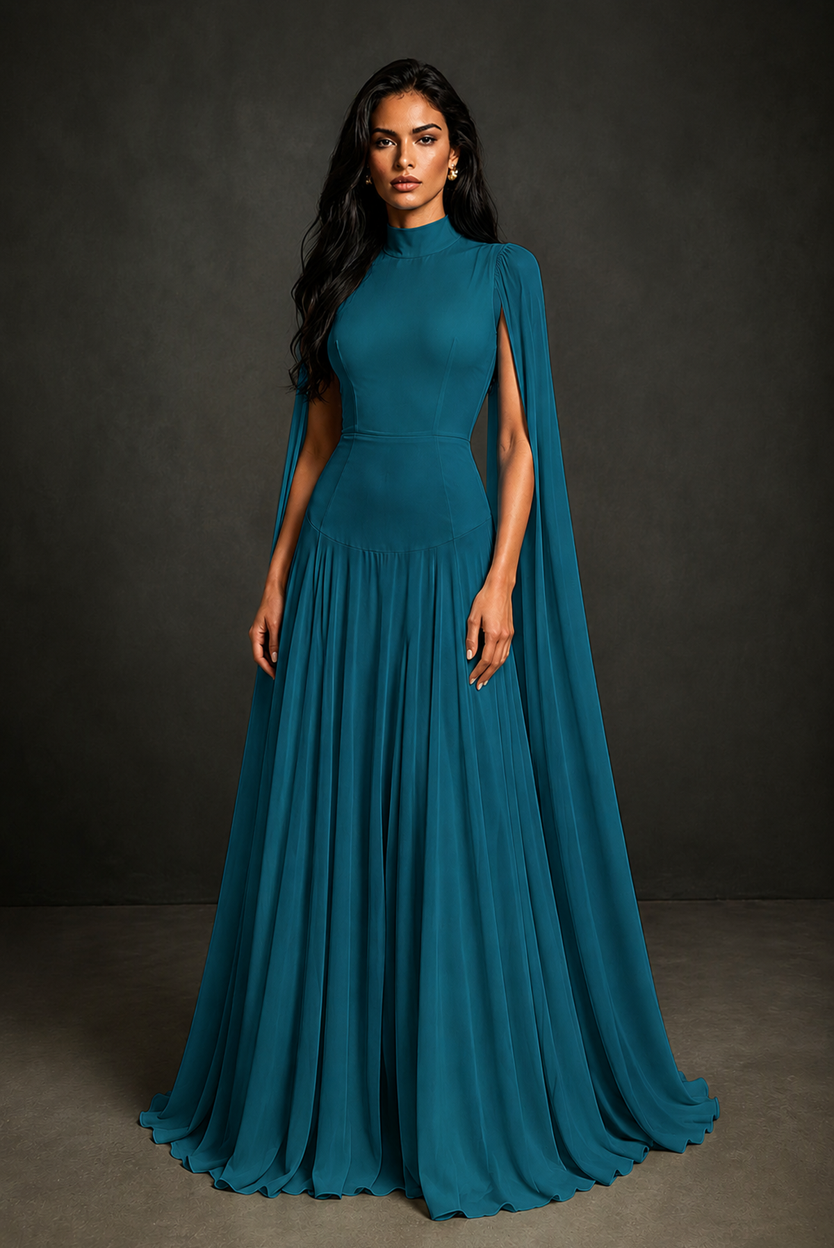 BOLODOO Peacock Mock Neck Cape Sleeve A-Line Chiffon Maxi Dress - Peacock
