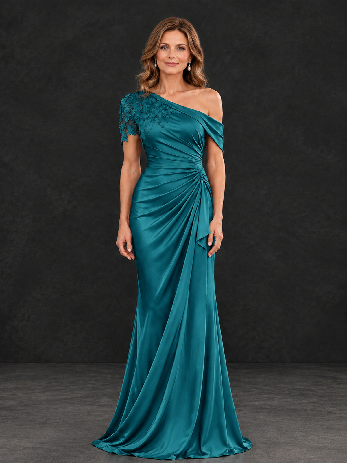 BOLODOO Peacock Asymmetric Satin Mother of the Bride Dress with Lace Sleeve - Peacock - Peacock (1)