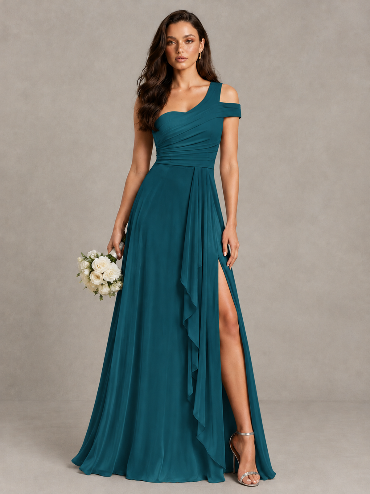 BOLODOO Peacock One-Shoulder Bridesmaid Dress with Side Slit - Peacock - Peacock (1)