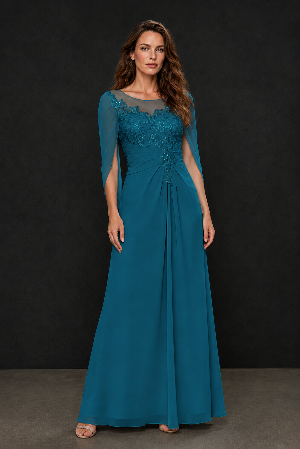 BOLODOO Peacock Illusion Lace One-Side Cape Sleeve Beaded Chiffon Floor Length Gown | Mother of the Bride Evening Dress - Peacock