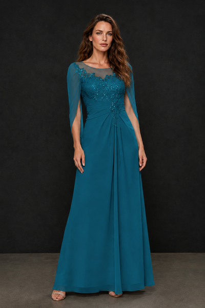 BOLODOO Peacock Illusion Lace One-Side Cape Sleeve Beaded Chiffon Floor Length Gown | Mother of the Bride Evening Dress - Peacock