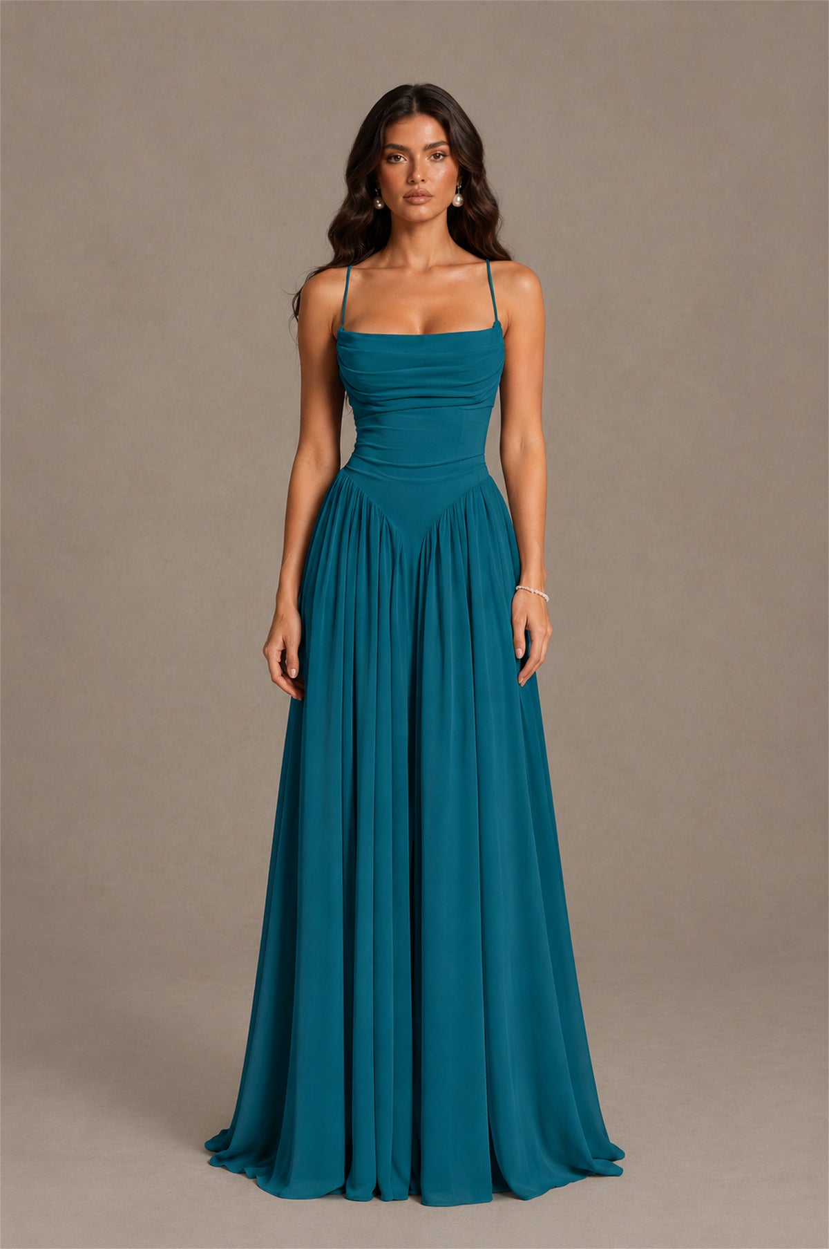BOLODOO Peacock Spaghetti Strap Square Neck Ruched Chiffon Maxi Dress with Lace-Up Back - Peacock