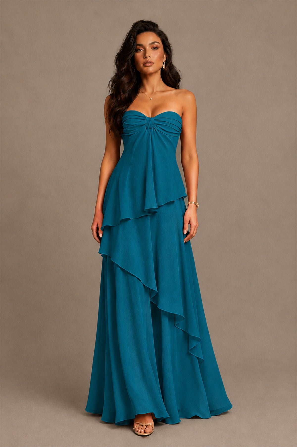 BOLODOO Peacock Strapless Sweetheart Knotted Chiffon Tiered Maxi Dress with Lace-Up Back - Peacock