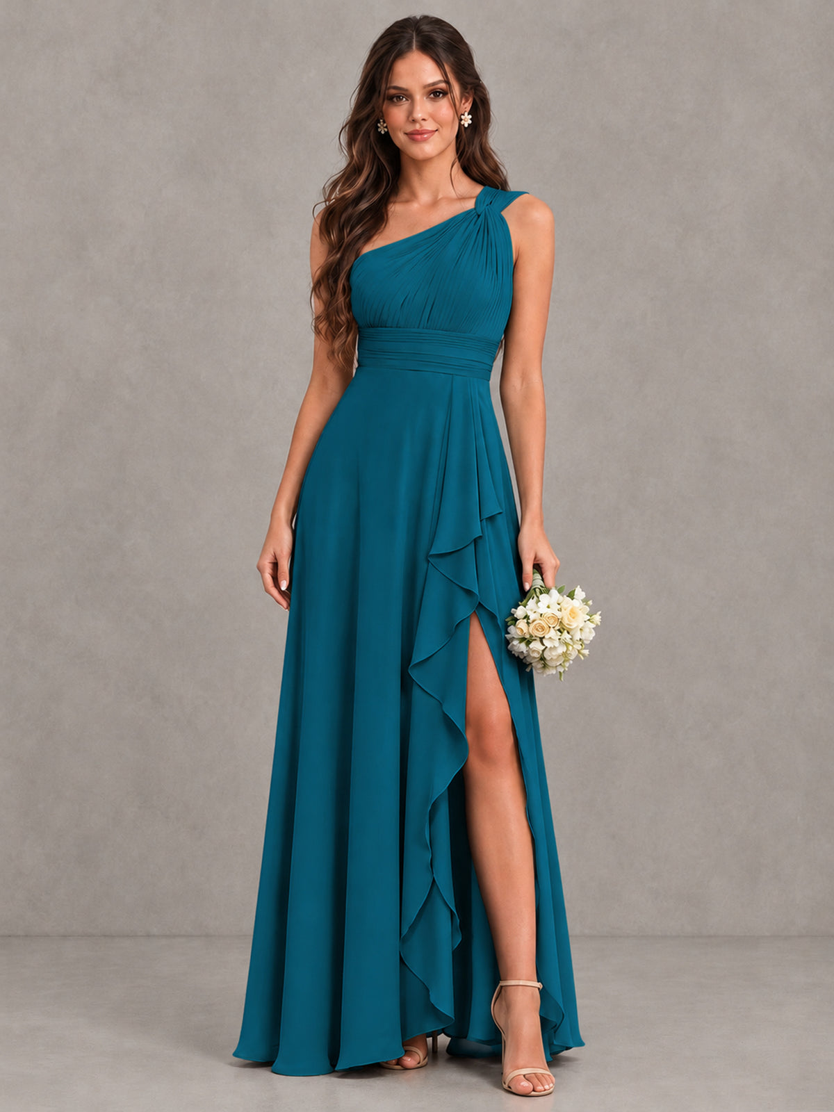 BOLODOO Peacock One-Shoulder Ruffle Bridesmaid Dress with Slit - Peacock - Peacock (1)