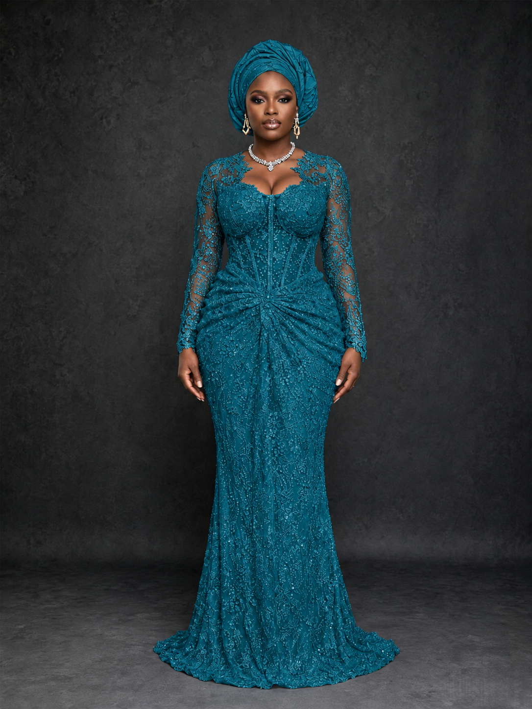 BOLODOO Peacock Beaded Lace Long Sleeve Mermaid Gown Sweetheart | Mother of the Bride - Peacock