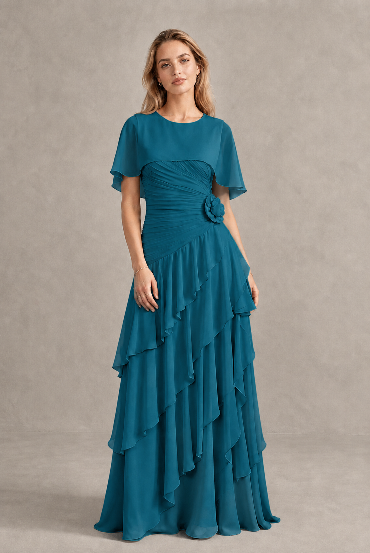 BOLODOO Peacock Chiffon Flutter Sleeve Tiered Maxi Dress with 3D Rosette - Peacock