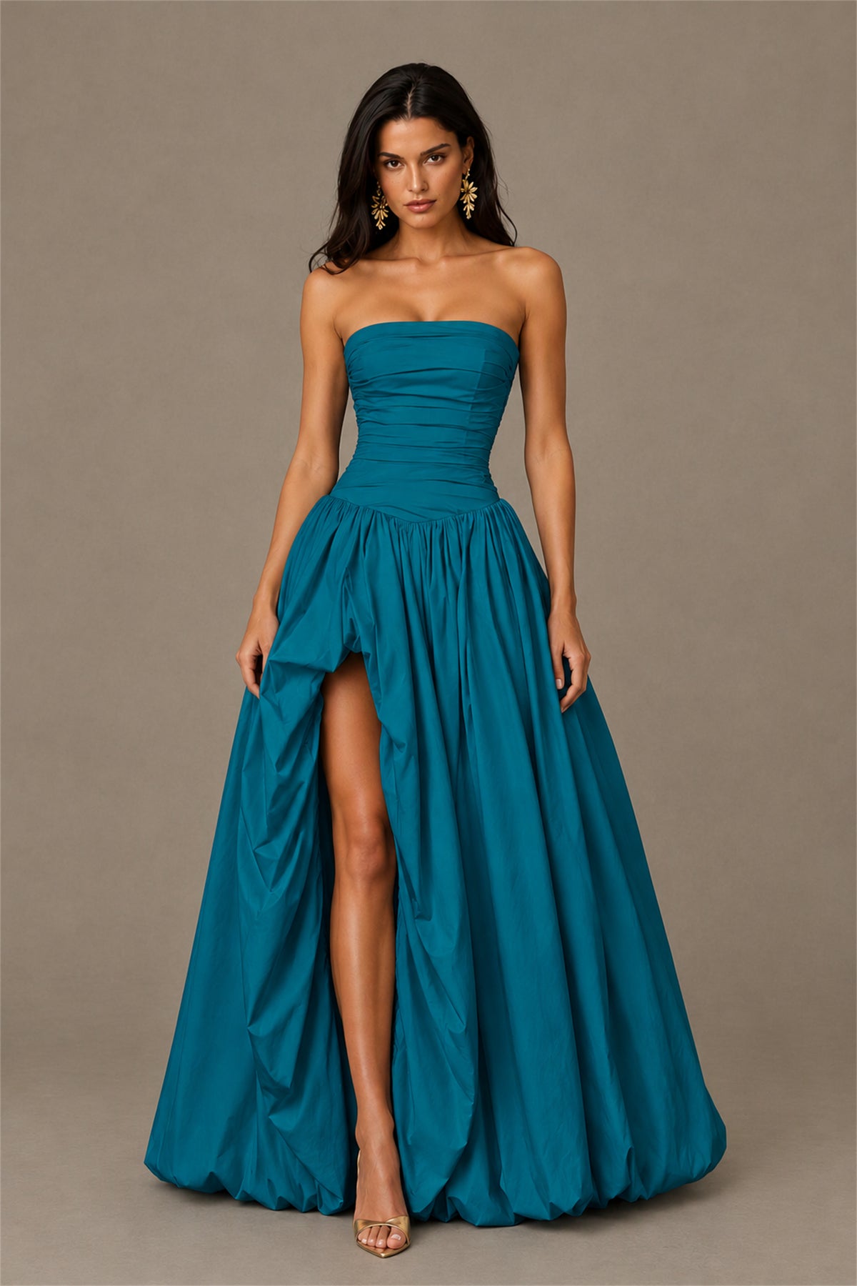 BOLODOO Peacock Strapless Ruched Corset Lace-Up Back Bubble Skirt High Slit Taffeta Maxi Dress - Peacock