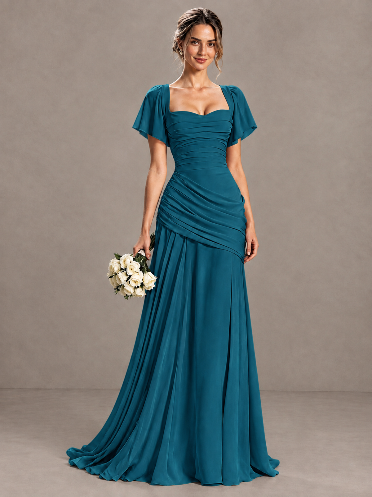 BOLODOO Peacock Flutter Sleeve Lace-Up Back Maxi Dress - Peacock - Peacock (1)