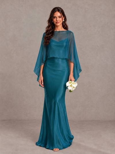 BOLODOO Peacock Satin Mermaid Bridesmaid Dress with Chiffon Cape - Peacock - Peacock (1)