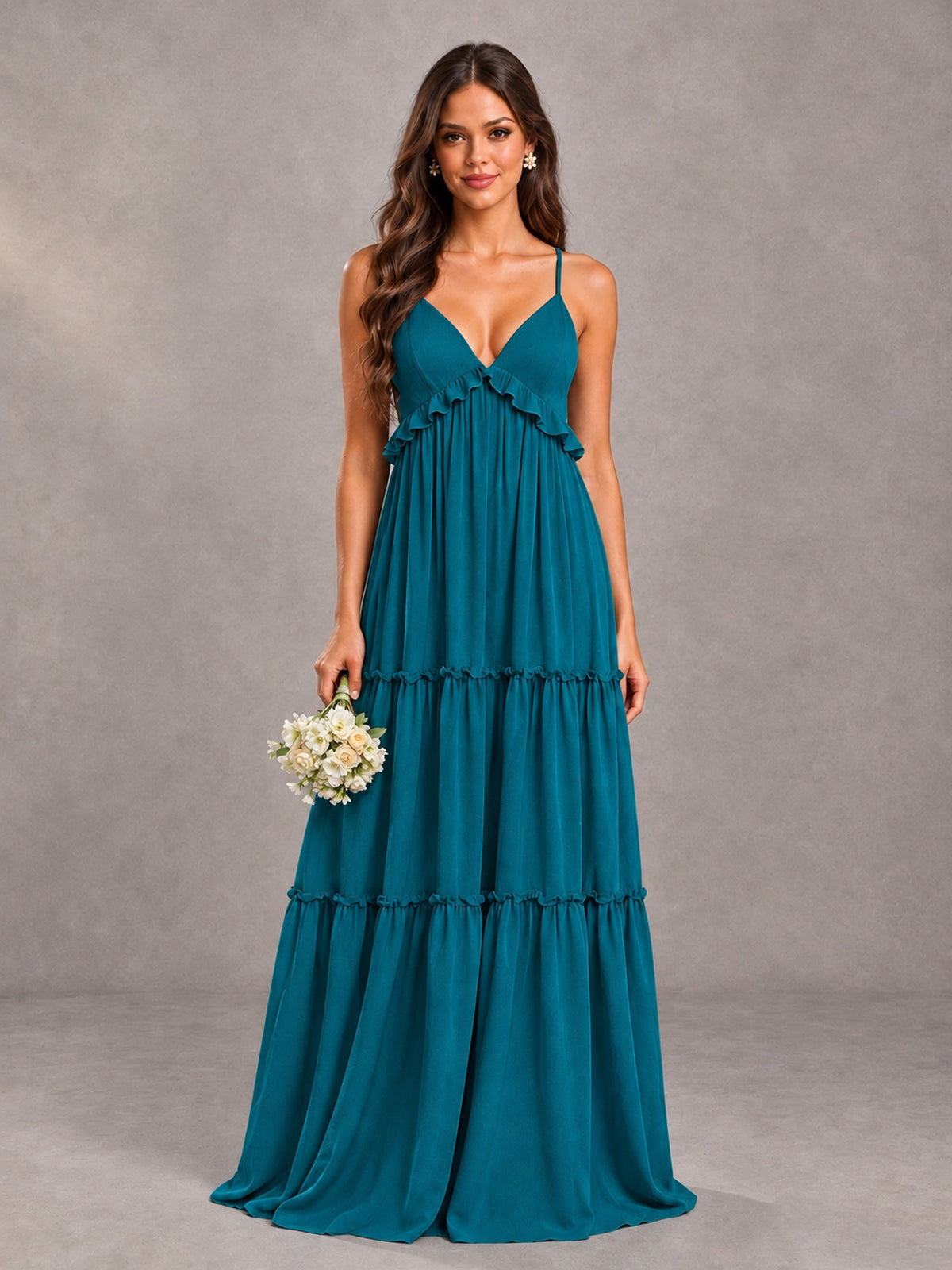 BOLODOO Peacock Tiered V-Neck Lace-Up Back Bridesmaid Dress - Peacock - Peacock (1)