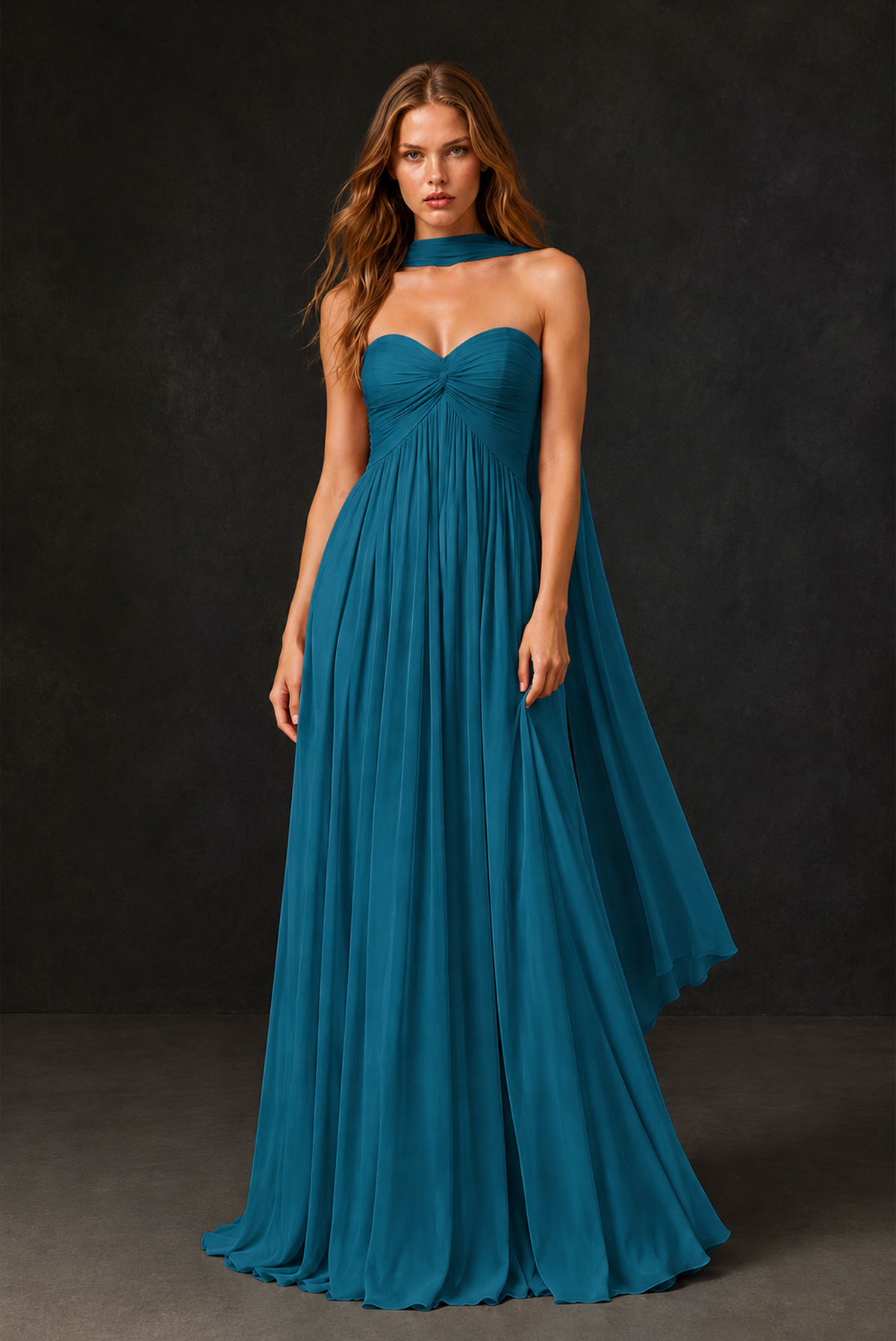 BOLODOO Peacock Sweetheart Strapless Twist Knot Detached Halter Scarf Lace-Up Back Empire Waist Chiffon Maxi Dress - Peacock