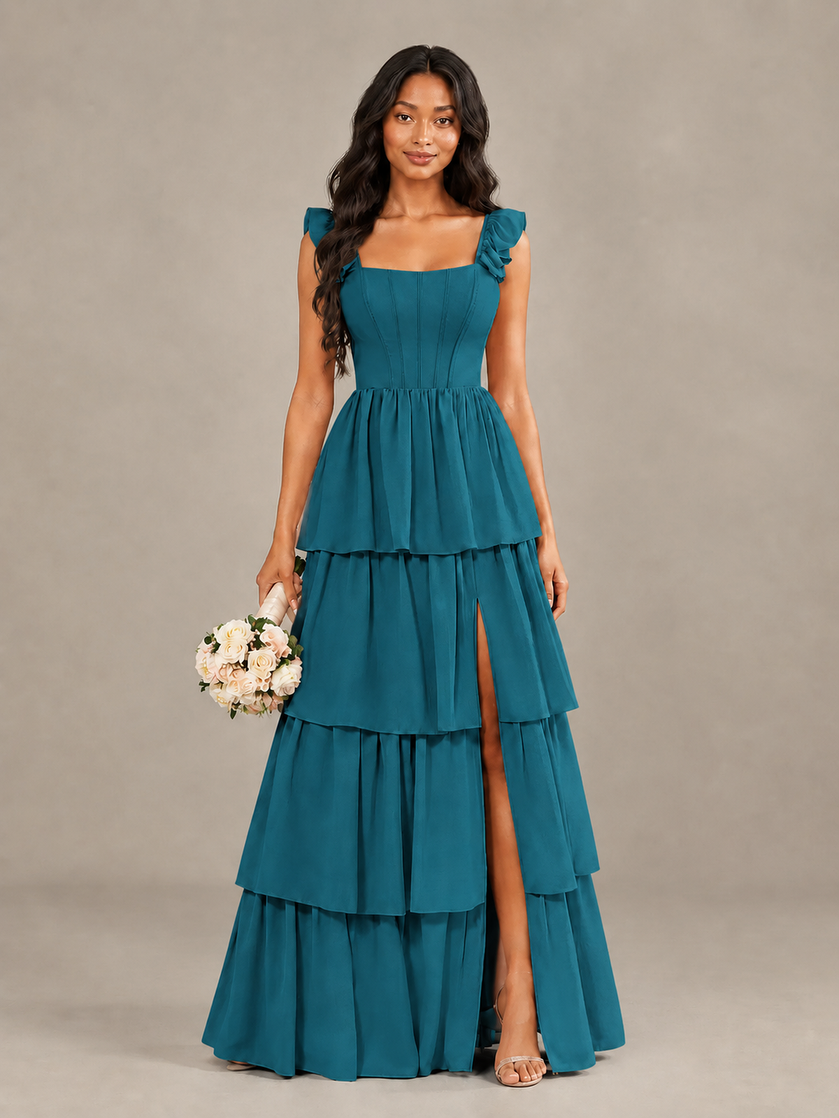 BOLODOO Peacock Tiered Maxi Bridesmaid Dress with Slit - Peacock