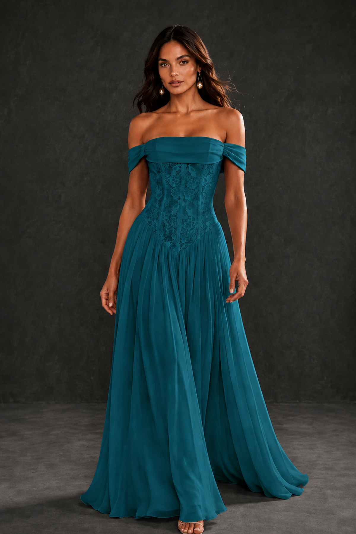 BOLODOO Peacock Off-Shoulder Lace Corset Tulle Maxi Dress - Peacock