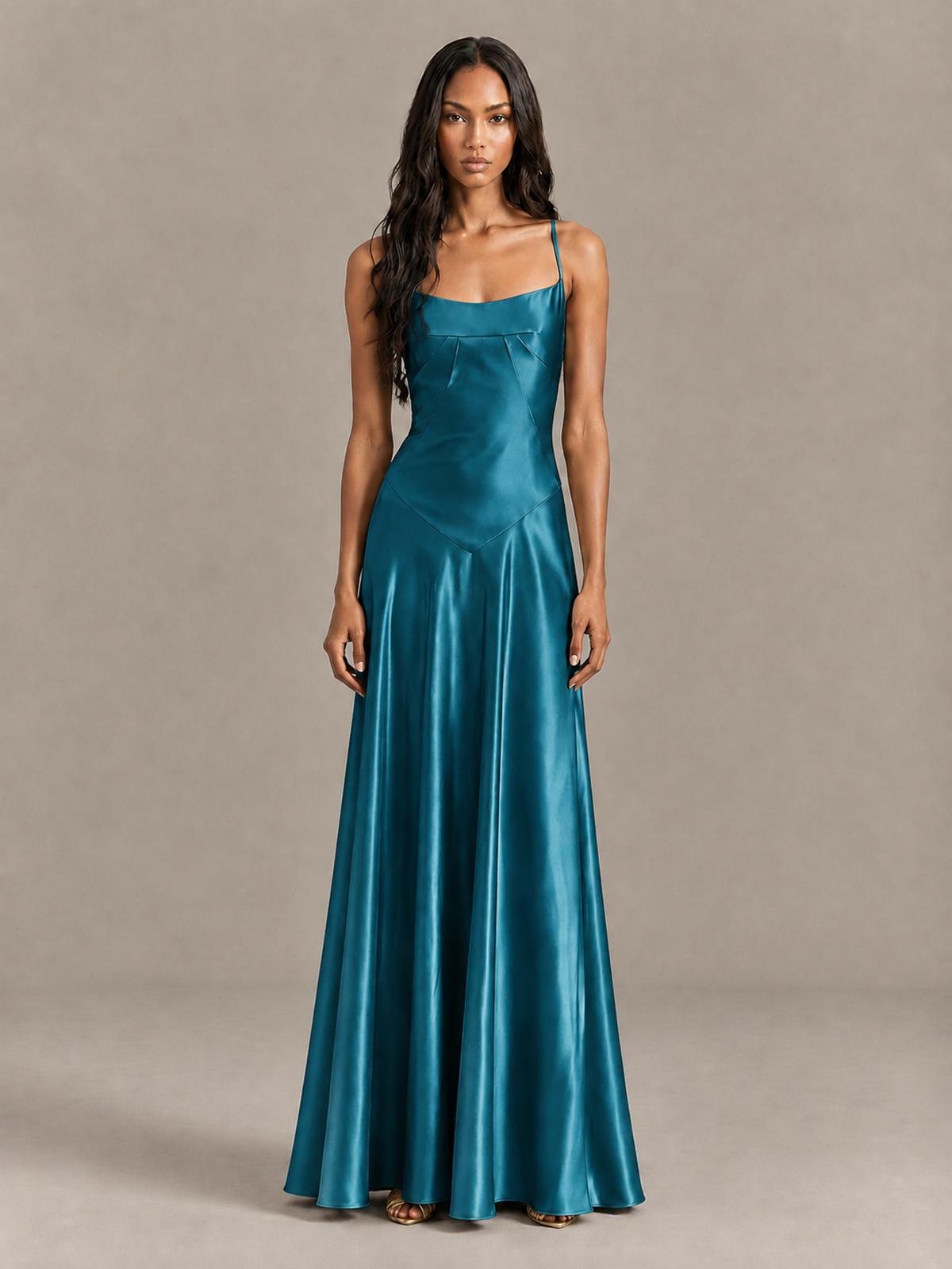 BOLODOO Peacock Satin Lace-Up Back Maxi Dress - Peacock