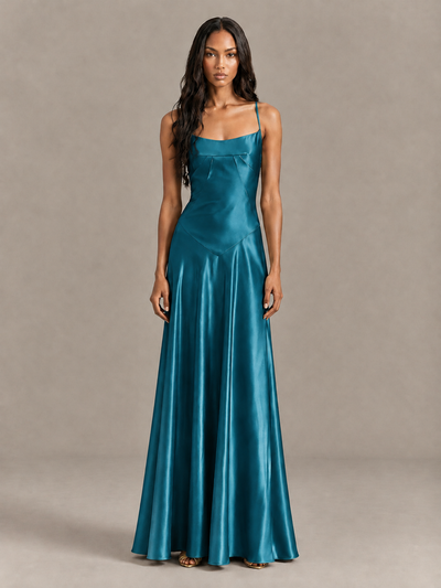 BOLODOO Peacock Satin Lace-Up Back Maxi Dress - Peacock