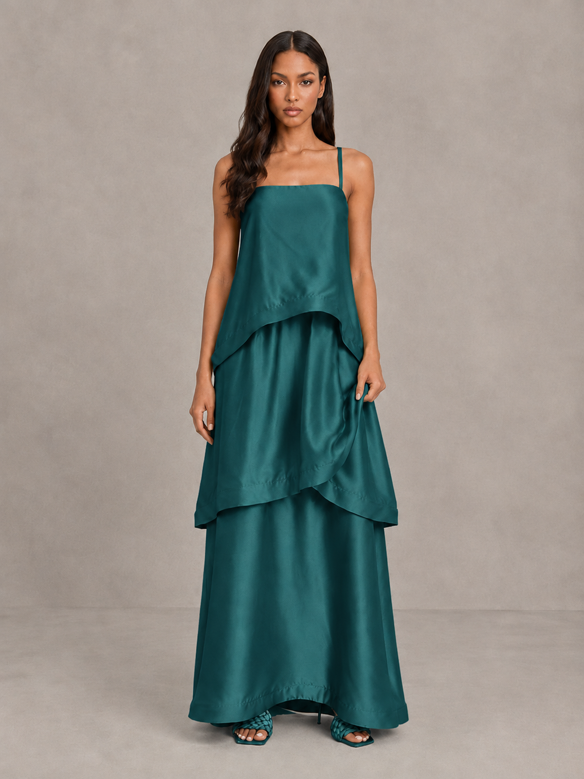 BOLODOO Peacock Satin Tiered Maxi Dress with Spaghetti Straps - Peacock