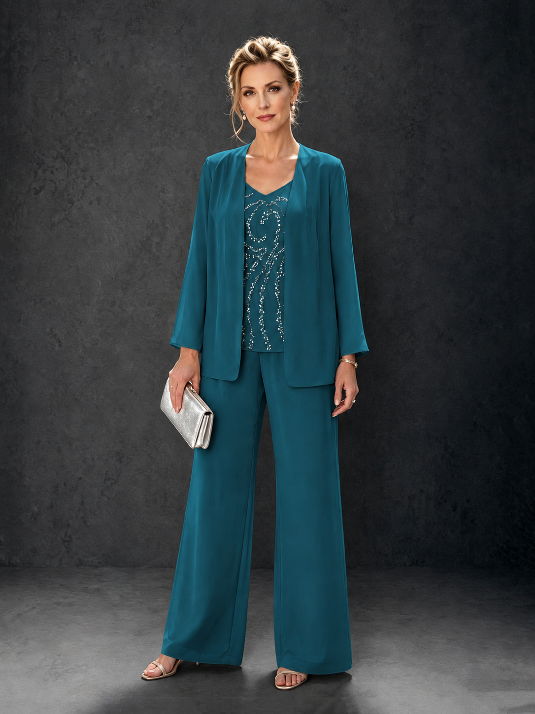 BOLODOO Peacock 3-Piece Mother of the Bride Pant Suit with Beaded Top & Chiffon Jacket - Peacock