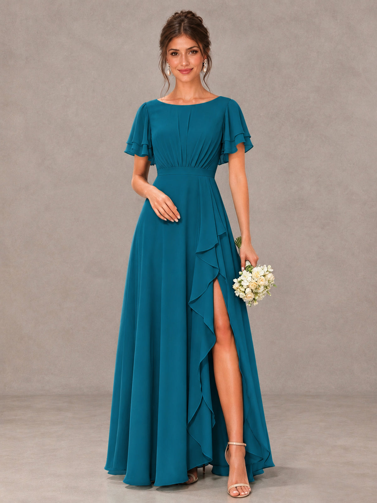 BOLODOO Peacock Flutter Sleeve Ruffle Bridesmaid Dress with Slit - Peacock - Peacock (1)