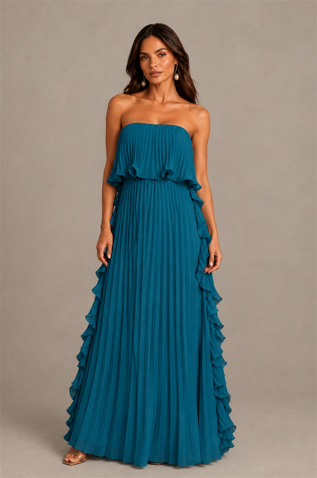 BOLODOO Peacock Strapless Ruffle Bodice Dual Cascading Ruffle Accordion Pleated Chiffon Maxi Dress - Peacock