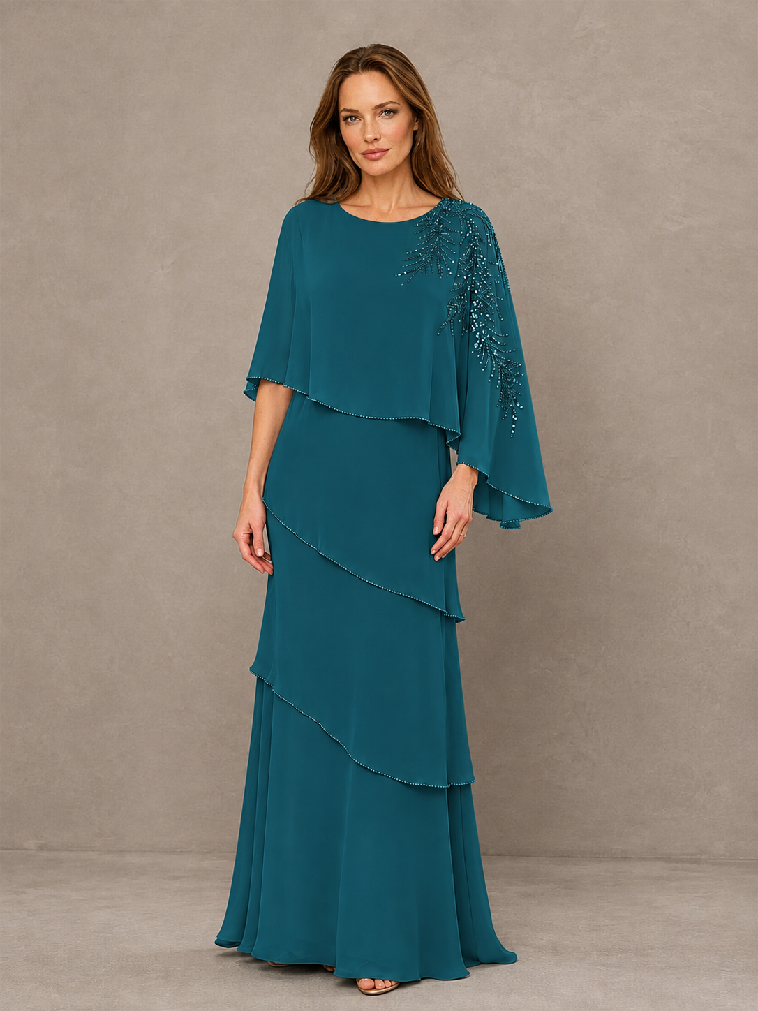 BOLODOO Peacock Mocha Asymmetric Cape Sleeve Peacock Sequin Embroidered Pearl Trim Tiered Chiffon Gown - Peacock