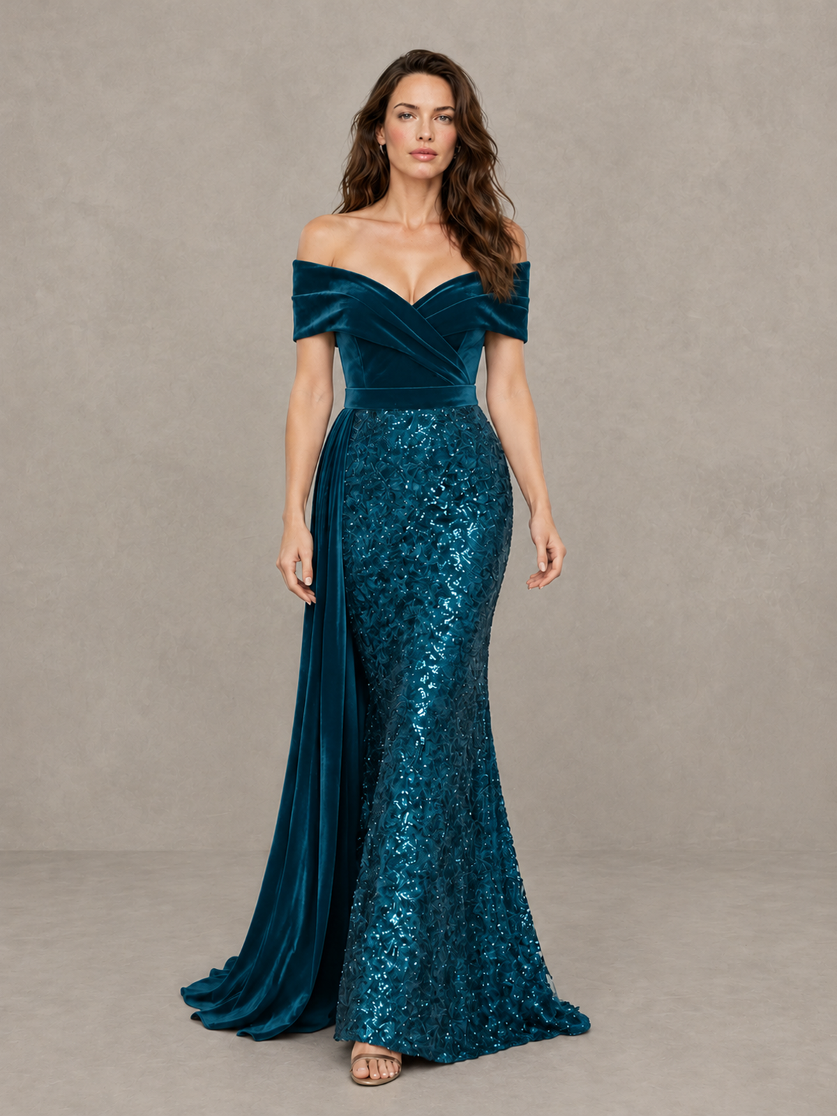BOLODOO Peacock Off-Shoulder Velvet & Sequin Evening Gown with Side Train - Peacock - Peacock (1)