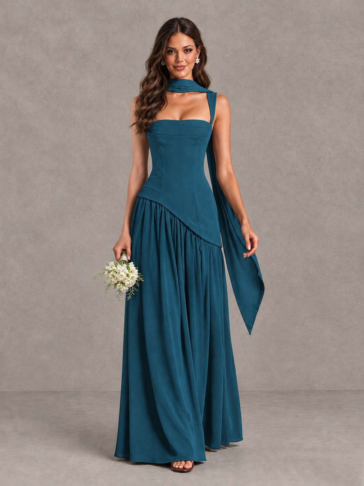 BOLODOO Peacock Brown Scarf Bridesmaid Dress with Lace-Up Back - Peacock - Peacock (1)