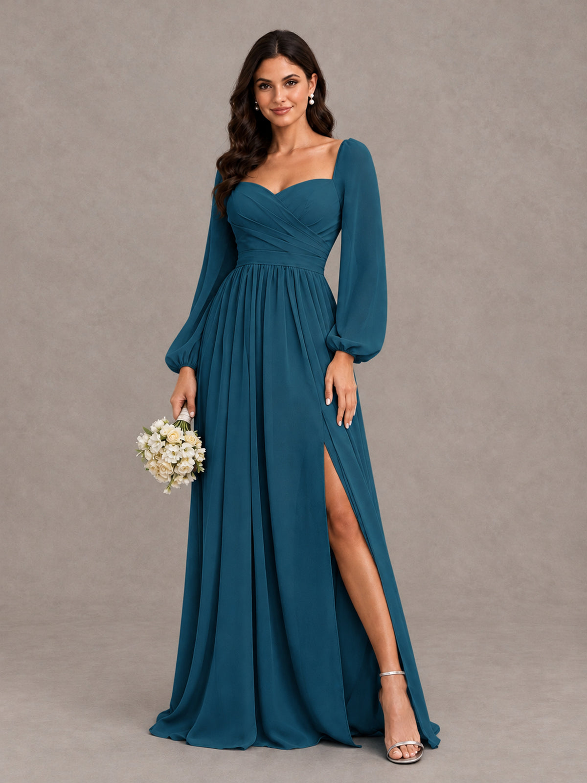 BOLODOO Peacock Long Sleeve Chiffon Bridesmaid Dress with Slit - Peacock - Peacock (1)