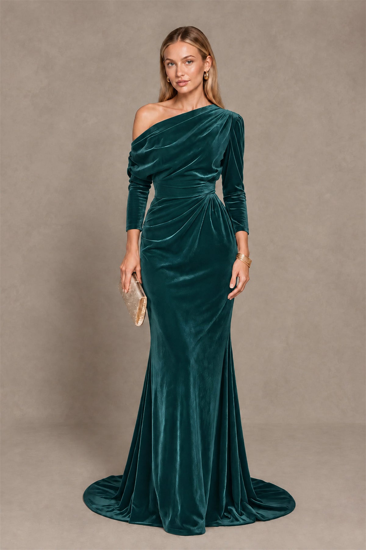 BOLODOO Peacock Velvet One-Shoulder Long Sleeve Evening Gown - Peacock