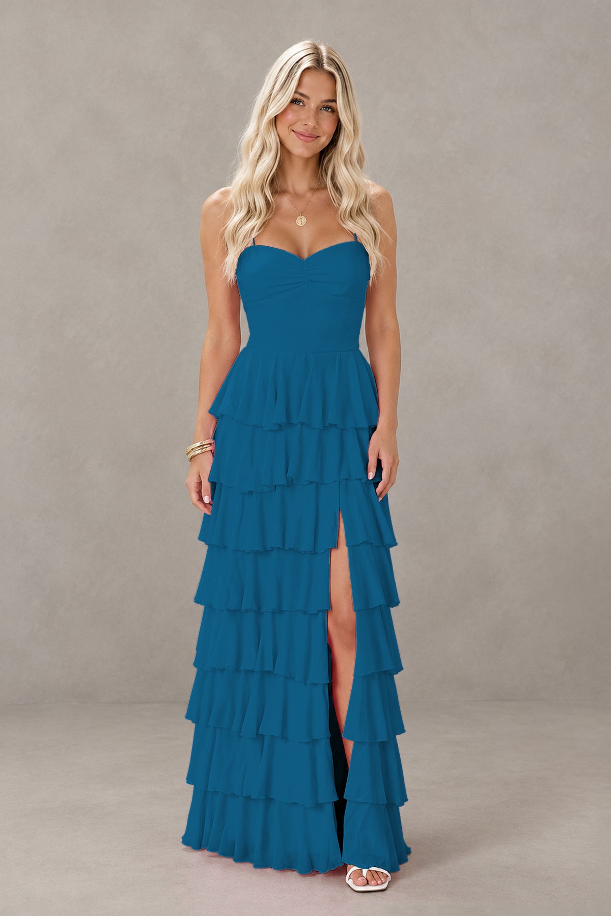 BOLODOO Peacock Strapless Tiered Ruffle Maxi Dress with Slit & Lace-Up Back - Peacock