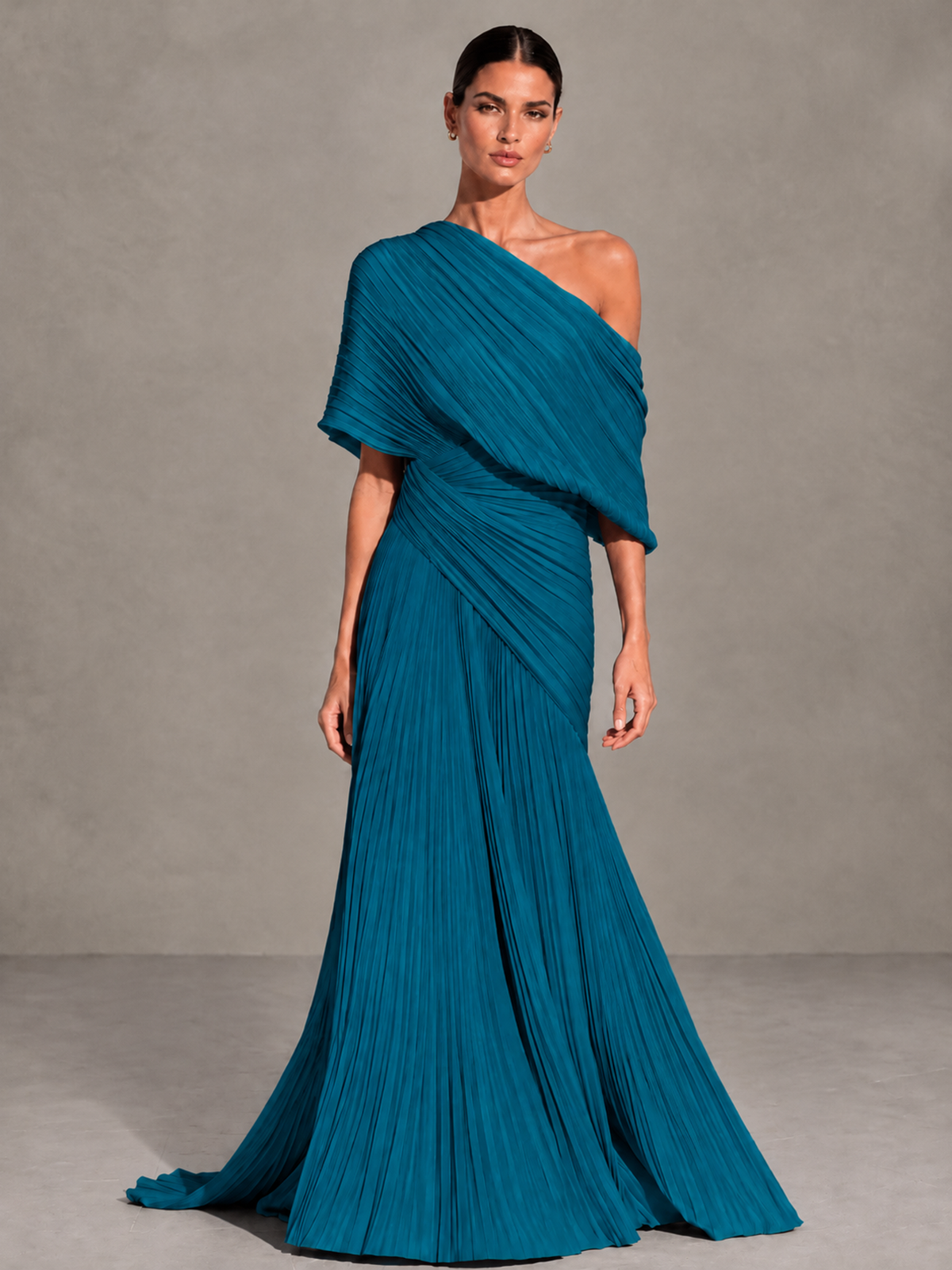 BOLODOO Peacock One-Shoulder Pleated Cape Evening Gown with Train - Peacock - Peacock (1)
