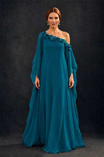 BOLODOO Peacock 2-Piece Set: Off-Shoulder 3D Floral Cape Gown & One-Shoulder Wide-Leg Jumpsuit | BD0373 - Peacock
