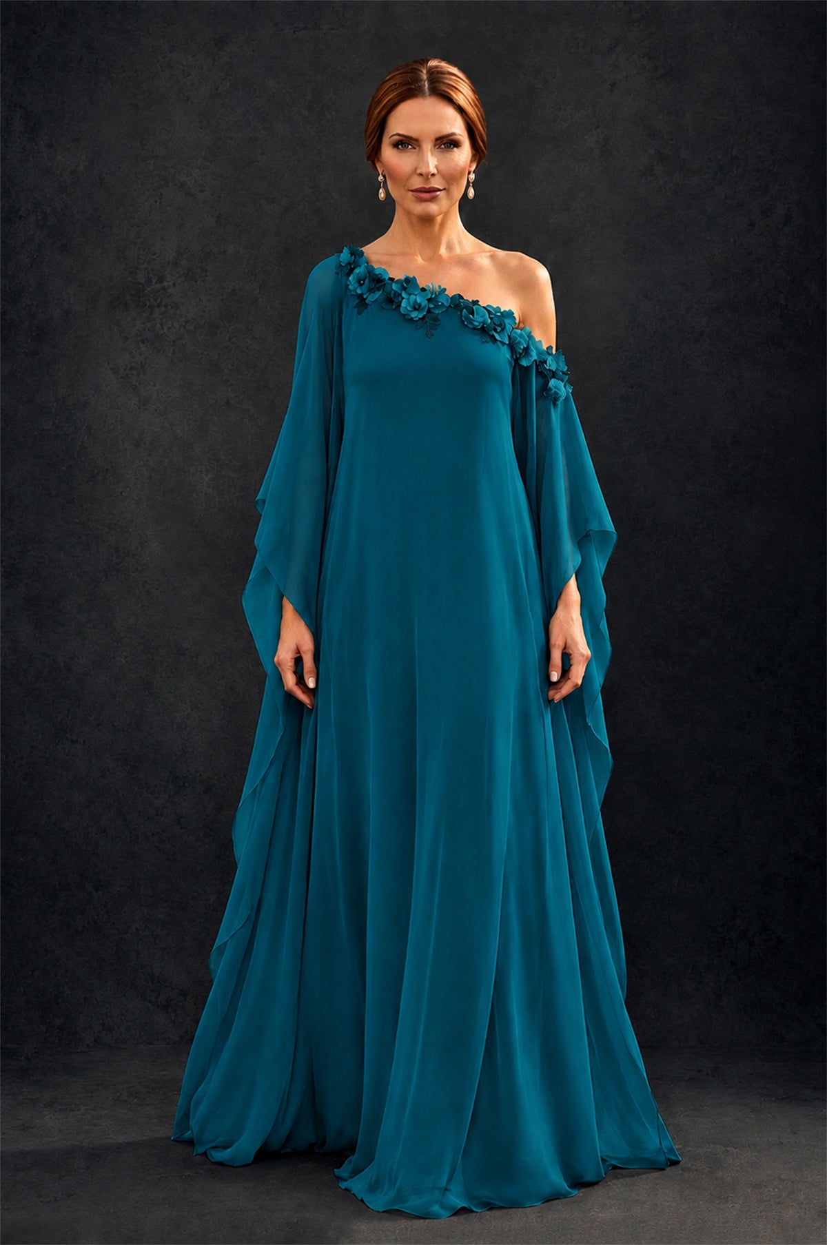 BOLODOO Peacock 2-Piece Set: Off-Shoulder 3D Floral Cape Gown & One-Shoulder Wide-Leg Jumpsuit | BD0373 - Peacock