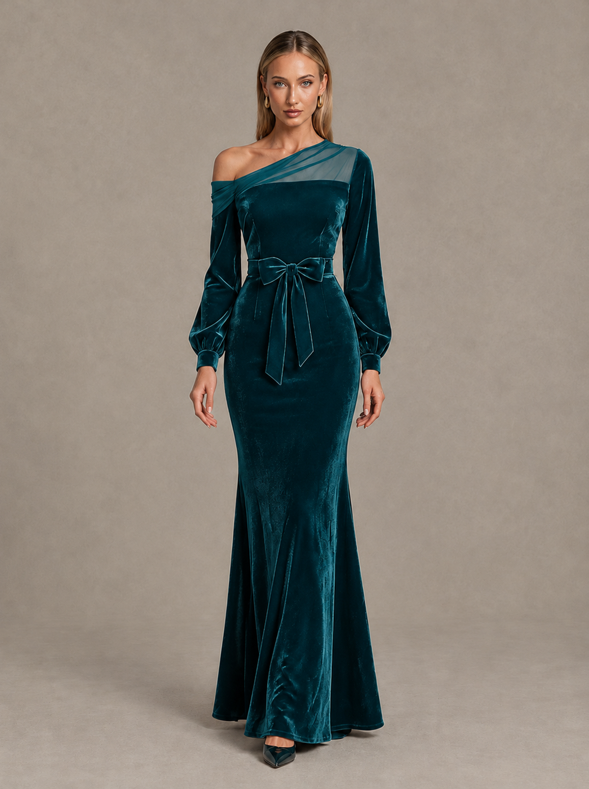 BOLODOO Peacock Velvet Mermaid Evening Dress with Long Sleeves - Peacock - Peacock (1)