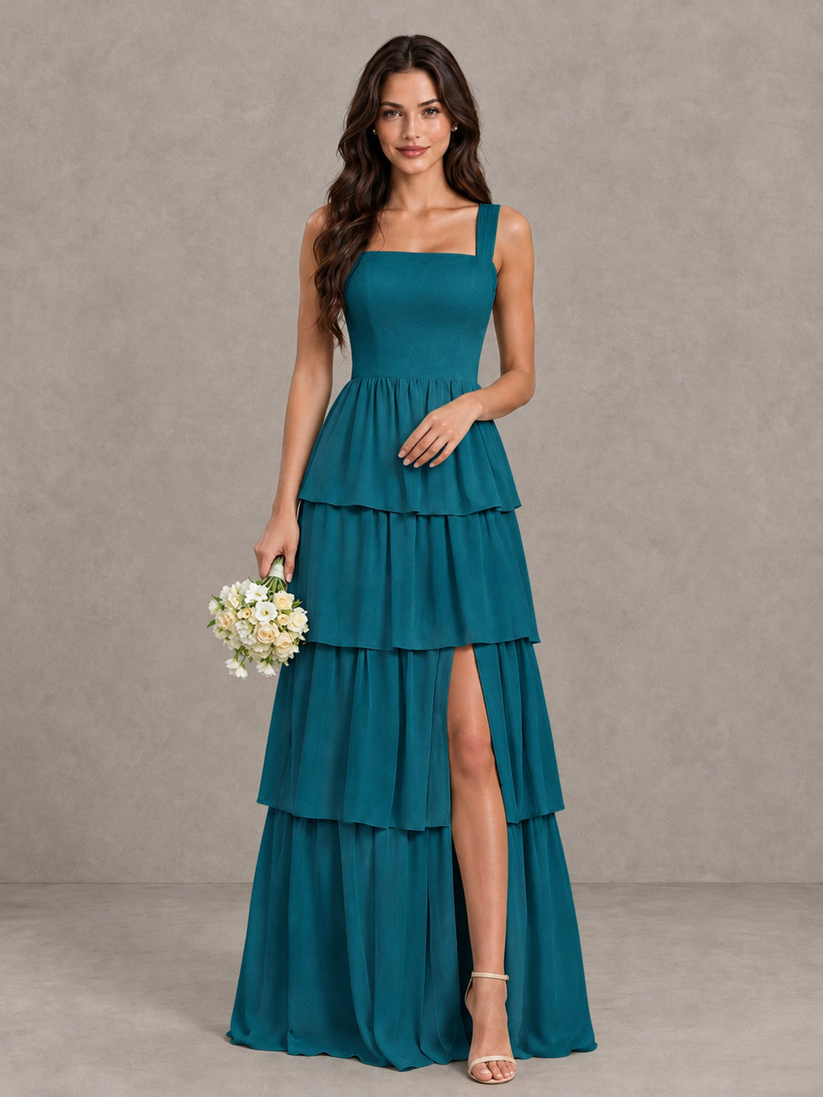 BOLODOO Peacock Square Neck Tiered Bridesmaid Dress with Slit - Peacock - Peacock (1)