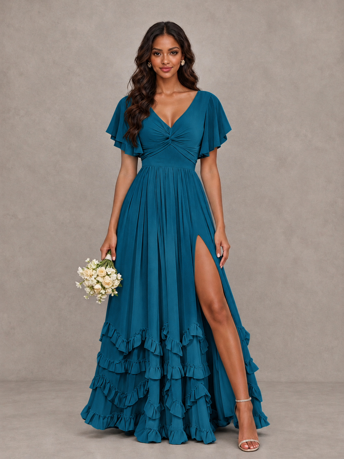 BOLODOO Peacock V-Neck Flutter Sleeve Ruffle Bridesmaid Dress with Slit - Peacock - Peacock (1)